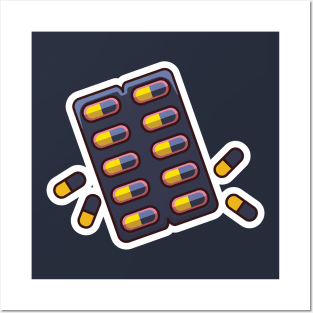 Capsule Pills Strip Sticker vector illustration. Healthcare medicine icon concept. Medicines pills packing tablets sticker design logo with shadow. Posters and Art